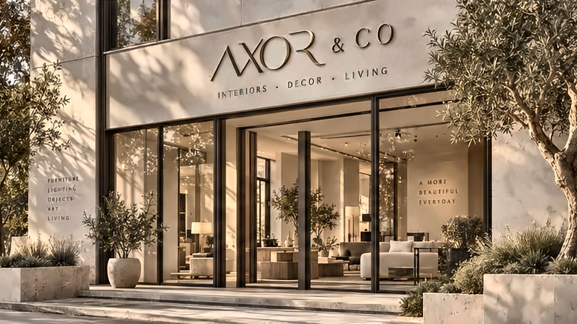 The Axor & Co flagship exterior in Nairobi, limestone facade with olive trees and a glazed entrance