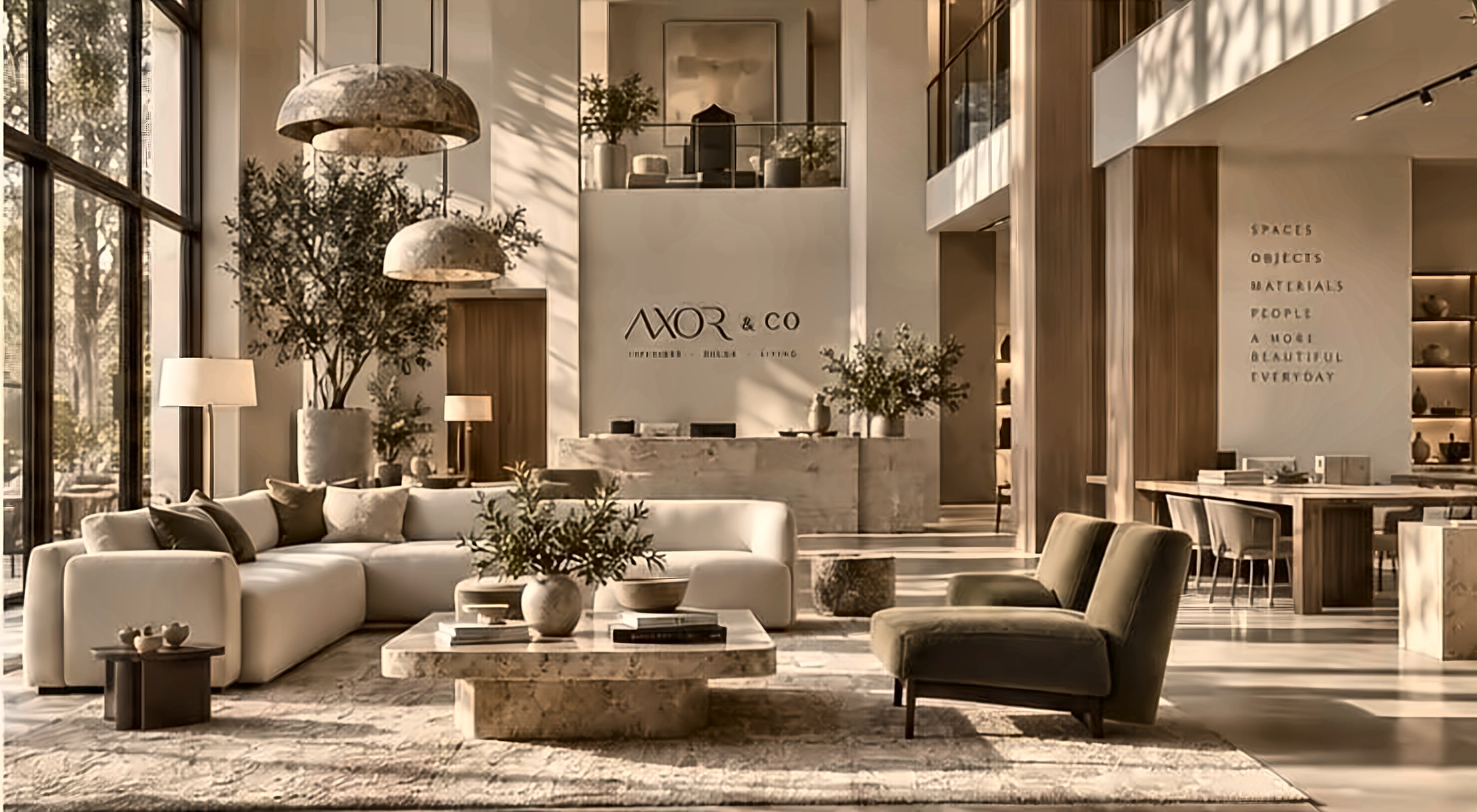 The Axor & Co showroom interior: a cream sofa, travertine tables and an olive velvet chair beneath stone pendants