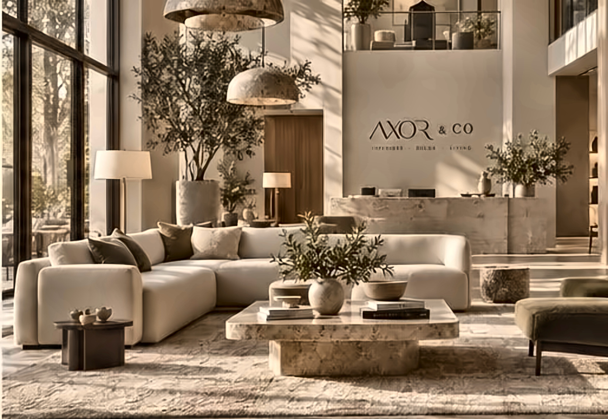 A cream sectional sofa with a travertine coffee table and an olive velvet chair