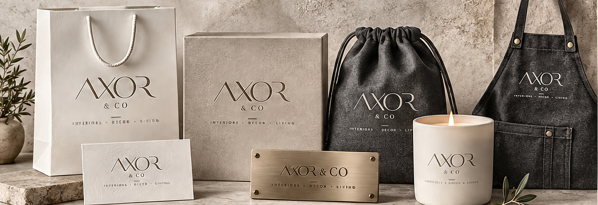 Axor & Co candle, embossed gift box, canvas pouch and paper bag on a stone surface